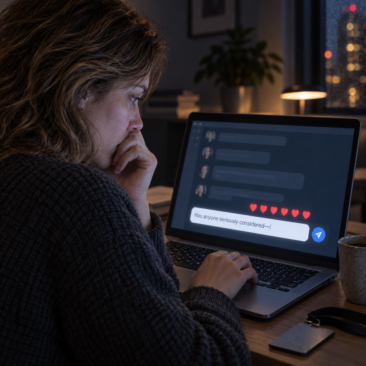 Clara hesitates over an unfinished question in a group chat while hearts appear above the message field.