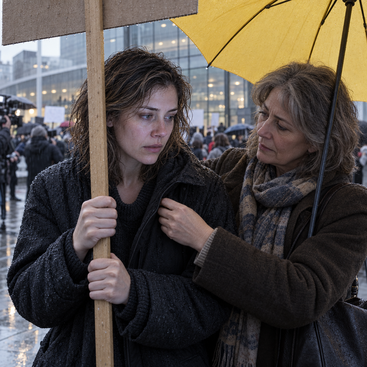 Clara grips a protest sign in the rain as her mother adjusts her coat beneath a yellow umbrella.