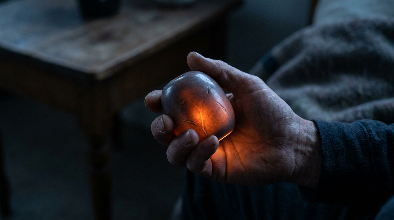 A small glowing oracle device held like a sacred object in a near-future city shaped by quiet machines and ritual light.