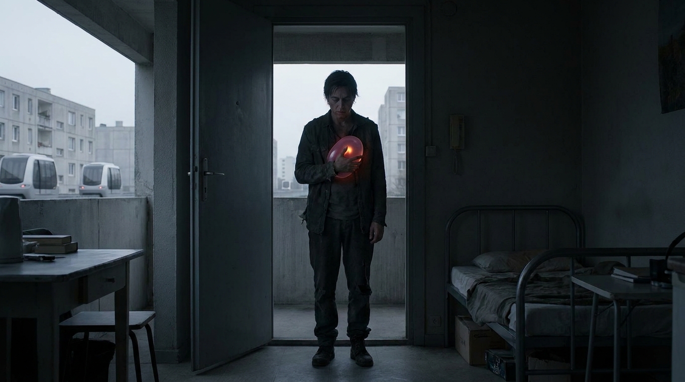 A person pauses at a doorway while a small oracle glows red or amber in their hand before they step into the near-future city.