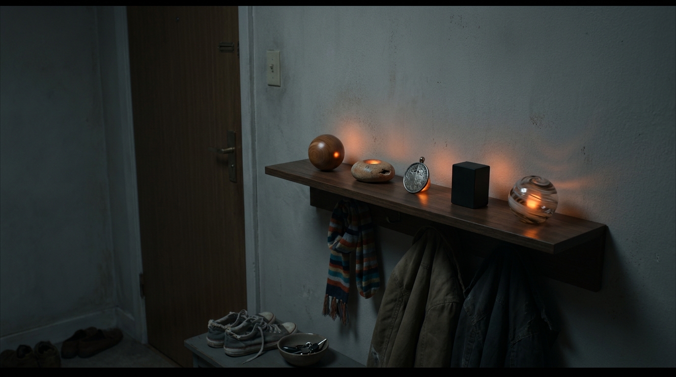 Several household oracle devices rest together on a small shelf by the front door, glowing like embers on a domestic shrine.