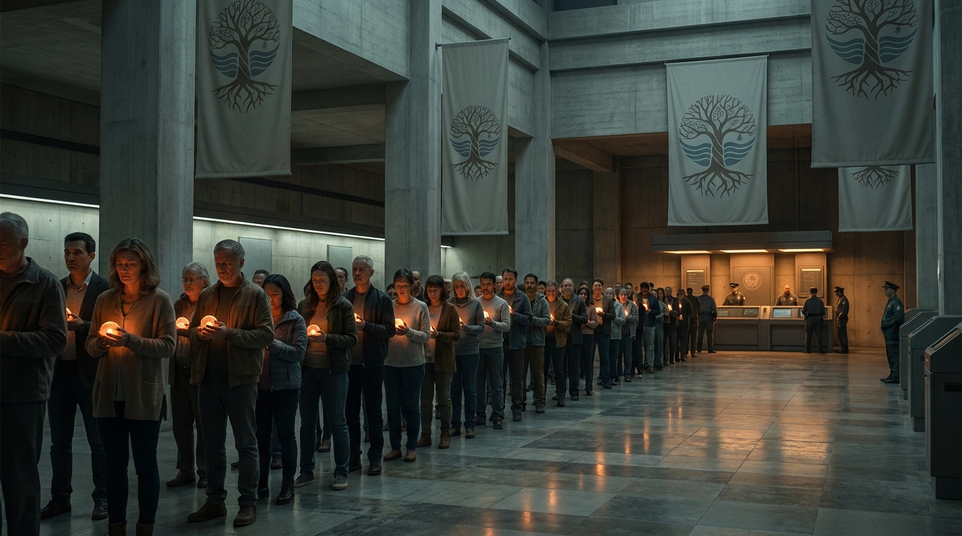 Citizens line up with small oracle devices in a municipal calibration hall beneath banners that combine roots, neural networks, and river symbols.