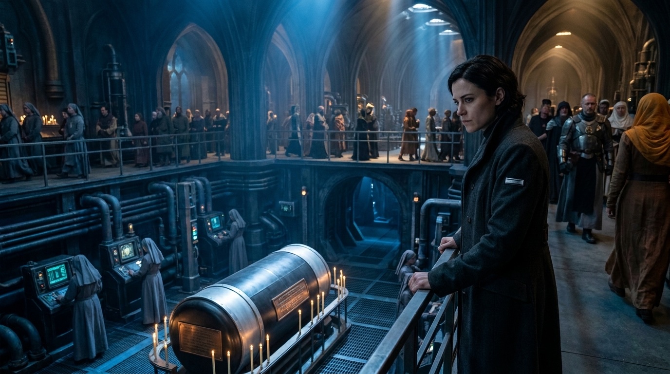 Leonie Sar watches the machinery vault from the embarkation gallery as the bound-intelligence cask glows below in a cathedral-like transit hall.