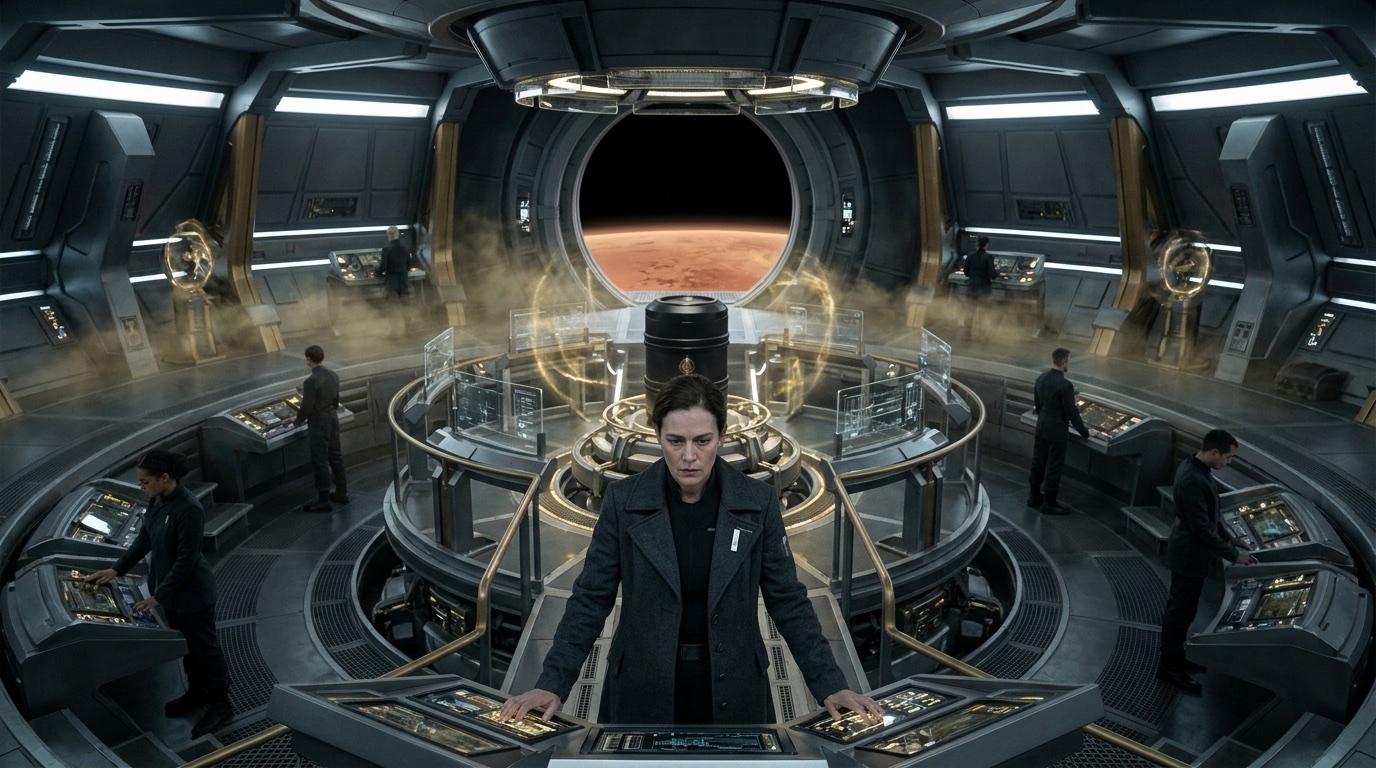 Leonie Sar stands at the stabilization console while the wound-generation vault tightens around Arkady's cask and space ahead darkens into an impossible corridor.
