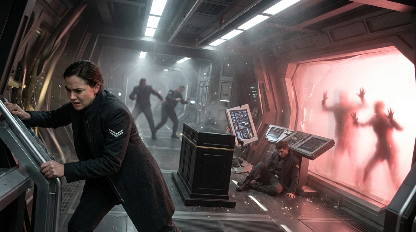 The vault tears open under sabotage as Leonie braces at her console and a redless pressure-lit boundary presses back against the ship.