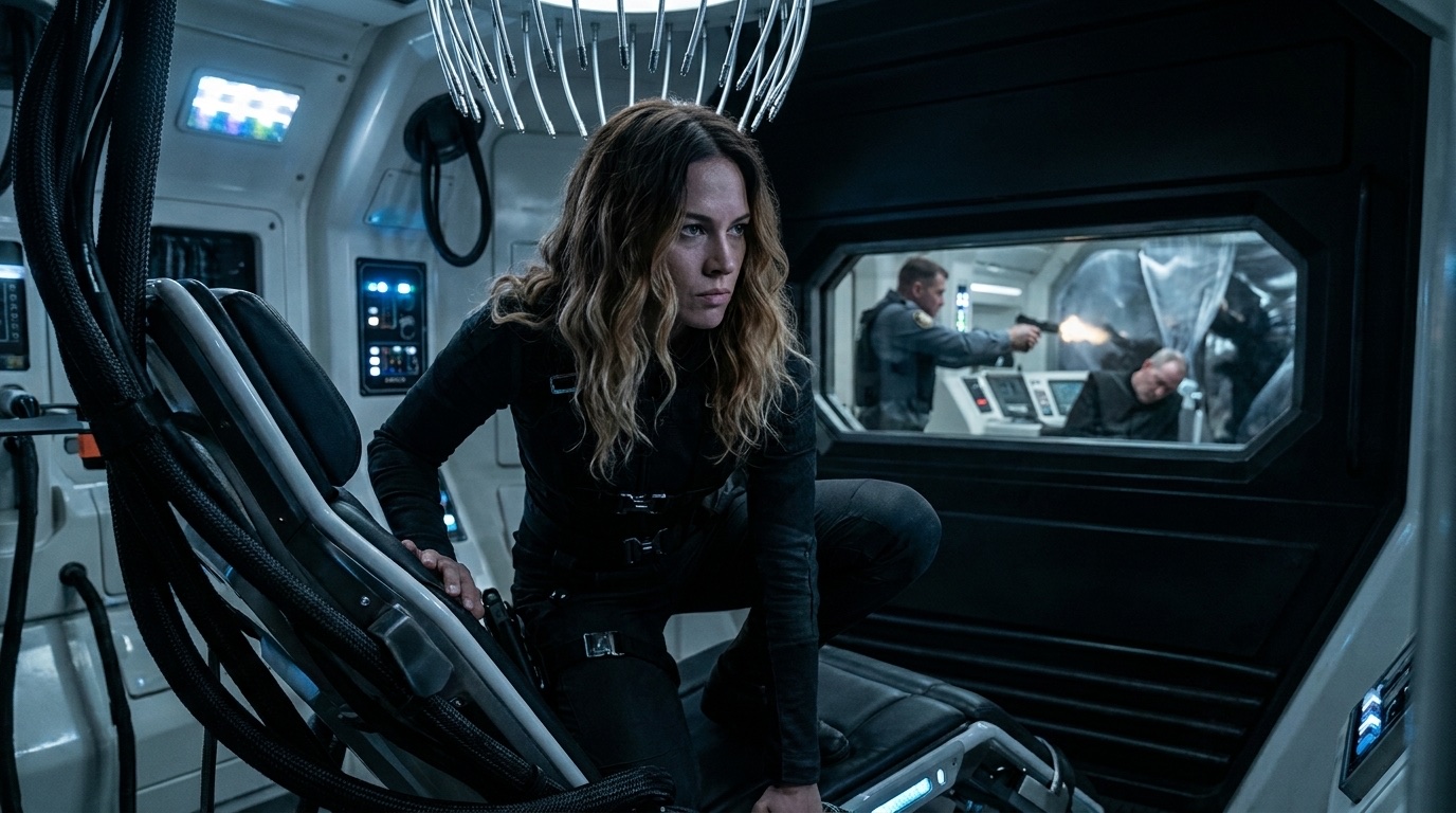 Leonie enters the hidden braid chamber as silver contact filaments descend, while chaos in the outer vault flickers through a narrow observation slit.