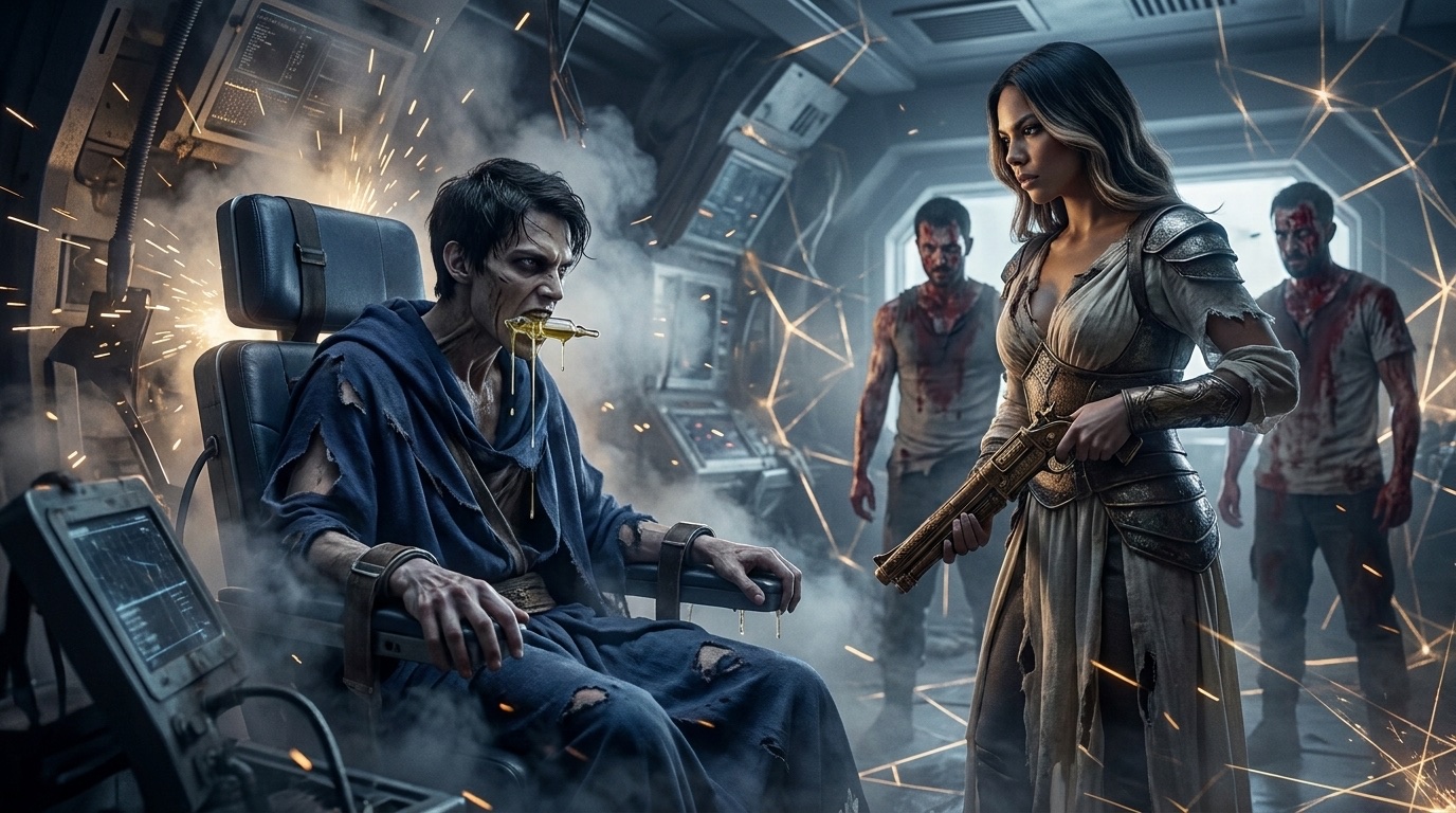 Ilyas faces Micah in the smoke-choked sanctum as myrrhglass light, weapon-relic bronze, and route distortion collide in one violent instant.