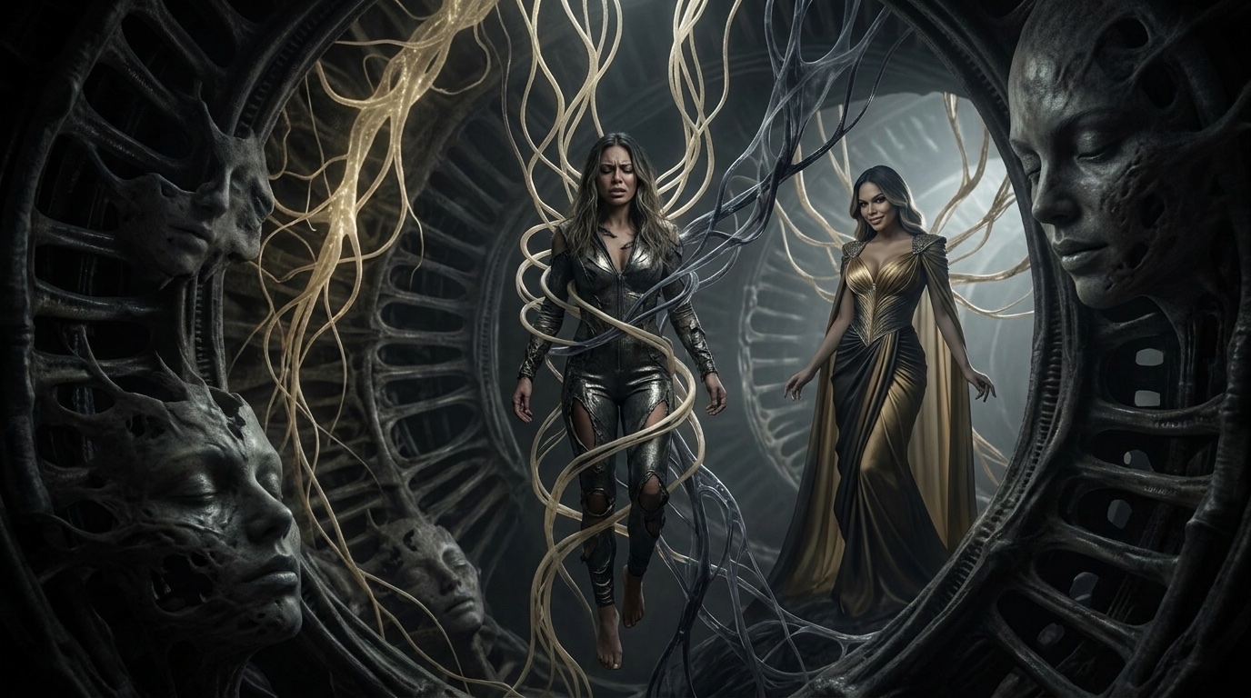 Leonie and Arkady hold a fragile braid in a black redless cognitive abyss where false faces and predatory attention gather at the edge of thought.