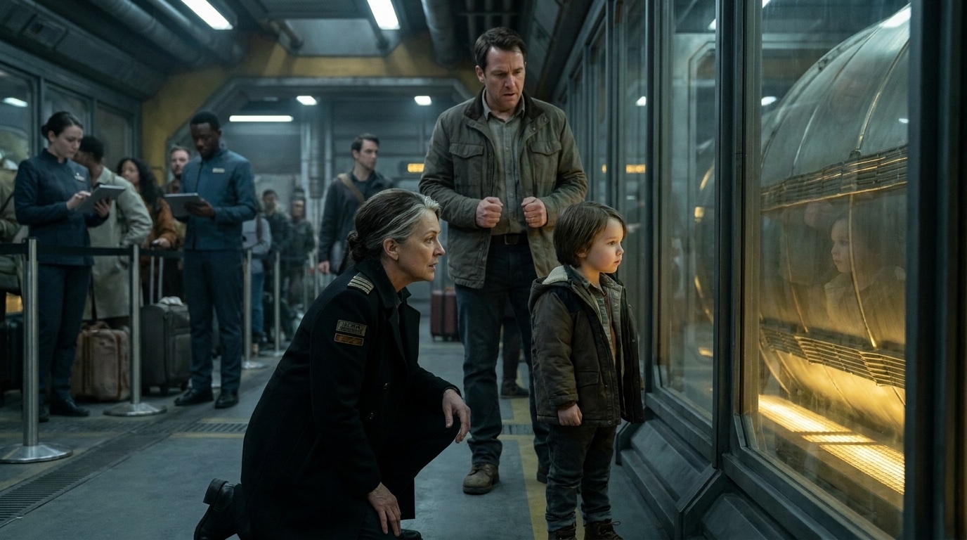 An older Leonie kneels beside a child in the embarkation gallery while a bound-intelligence cask glows behind armored glass and passengers wait in uneasy silence.
