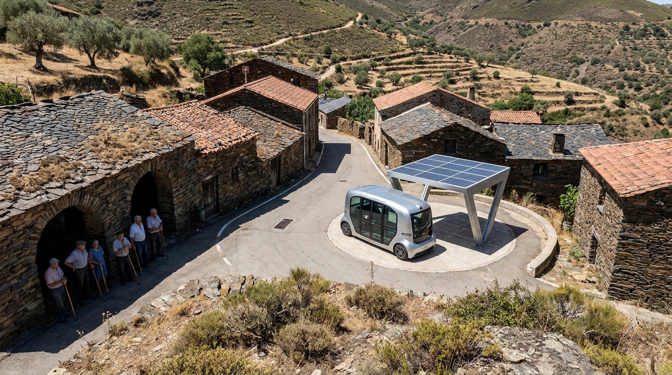 Cambroncino sits isolated in the folds of Las Hurdes, its dark slate roofs and weathered stone walls clustered around a solar canopy and a solitary autonomous pod while the paved road frays into dust and broken tracks.