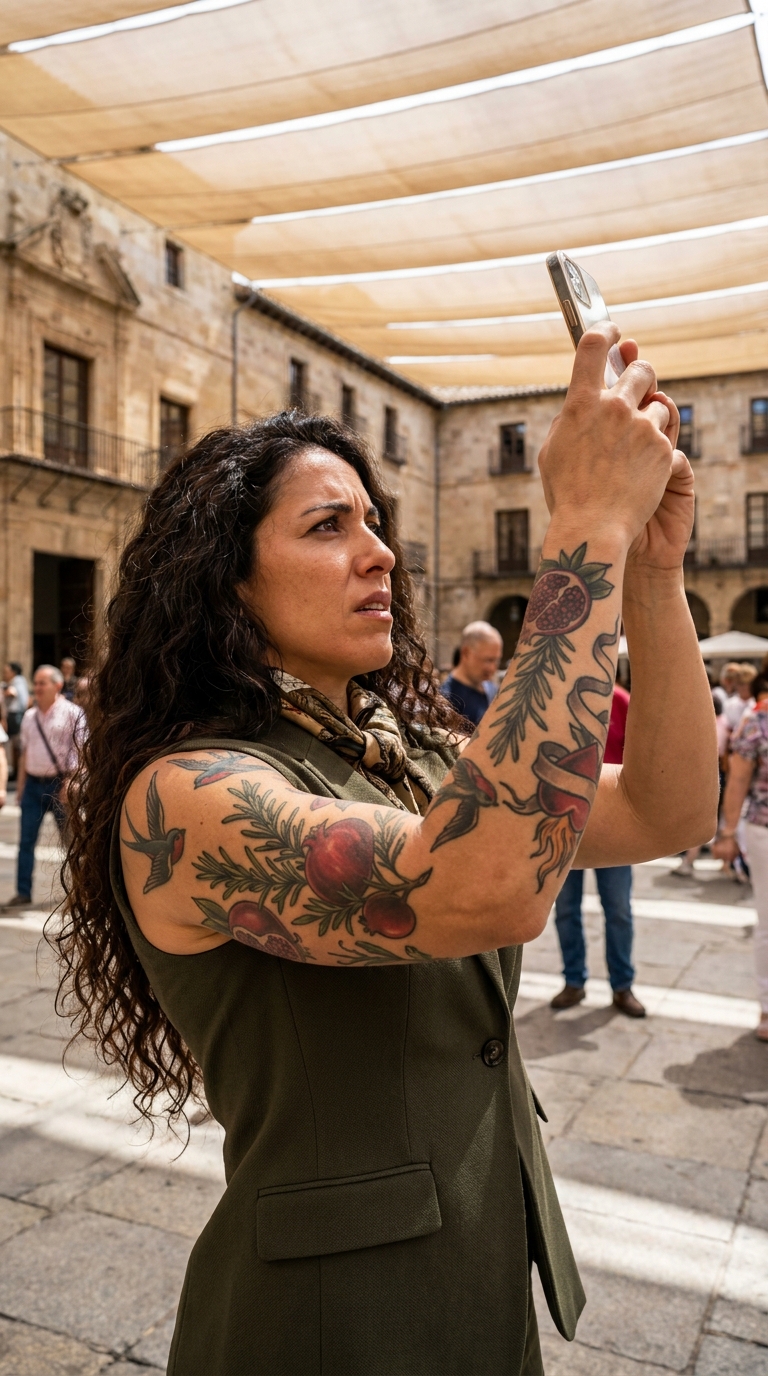 María Vera Cifuentes Rubio stands against sunlit stone in Las Hurdes, her long black curls framing a calm, appraising expression while the colorful sleeve on her left arm shows pomegranates, olive leaves, swallows, and hidden symbols beneath the blazer of a polished modernization adviser.