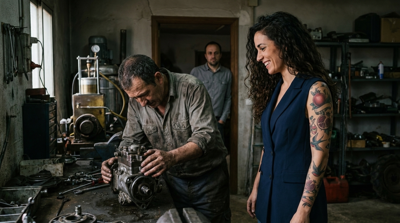Inside Rufino’s dim workshop, he bends over a heavy diesel component on the bench while Vera, smiling and attentive, stands beside him with her colorful sleeve vivid against the grime, and Tomás watches from the doorway behind them.
