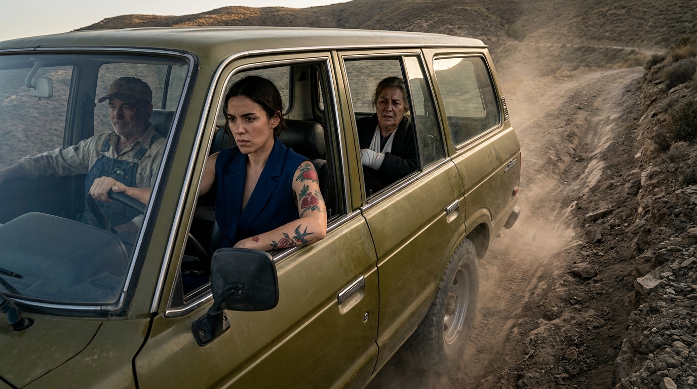 The old Land Cruiser fights its way down a rutted dirt track above the hills, dust rising around it while Vera drives with hard concentration, Rufino sits beside her, and María Eulalia rides in the back under the strain of the emergency.