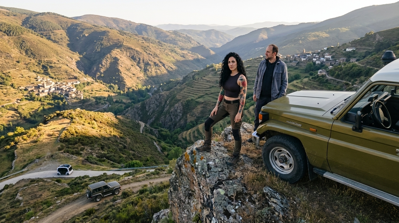 At dawn above Las Hurdes, Vera and Tomás stand beside the old Land Cruiser on a high rocky ridge while, far below, a white autonomous pod turns back on the paved road and a patched 4x4 continues on the dirt track through the folded mountain landscape.