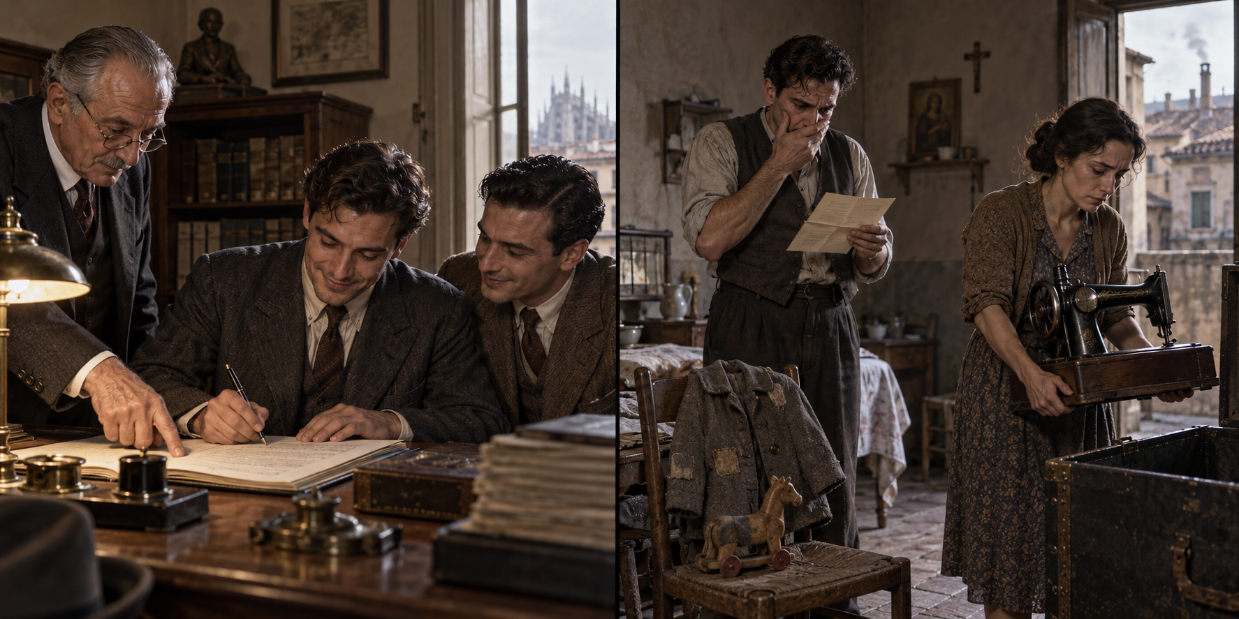 An older notary points to papers as two brothers sign at a desk. In a second scene, a man reads a letter while a woman carries a sewing machine past a chair holding a child's coat.