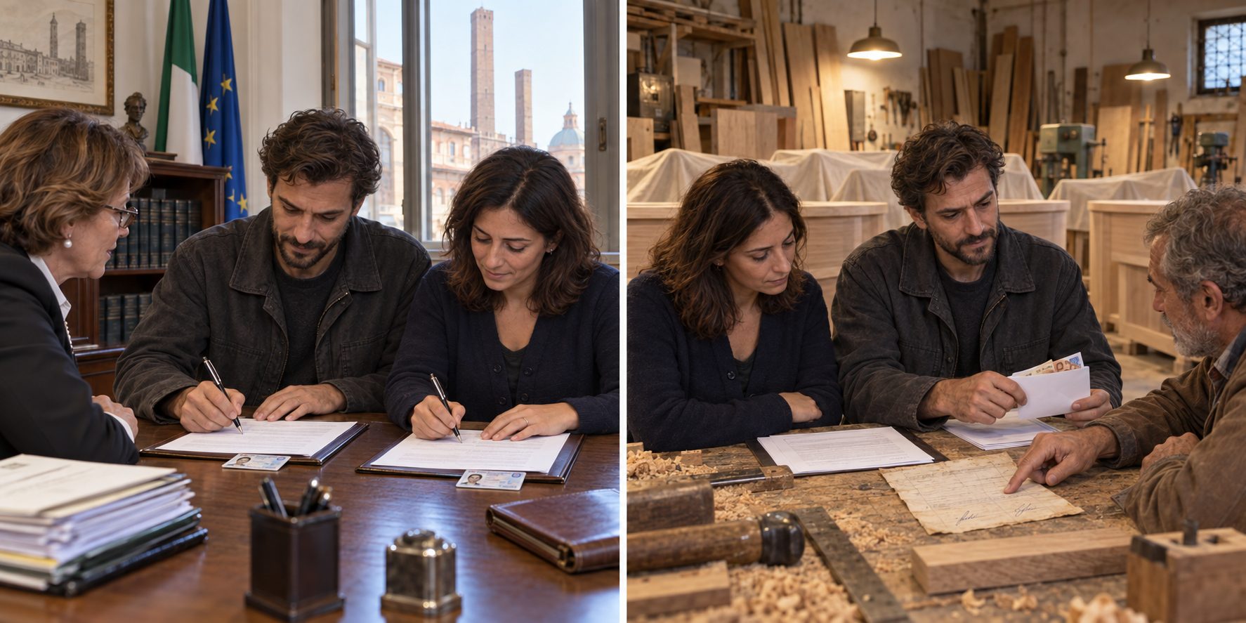 A brother and sister sign papers at a notary’s desk; in a woodworking shop, a timber merchant points to an older paper while the brother holds a cash envelope.