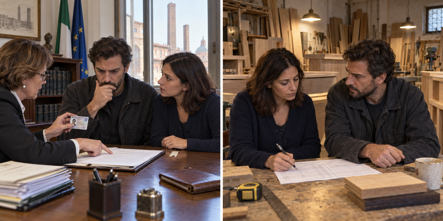 A notary points to a document and an identity card as two people sit across from her; in a furniture workshop, the same two people review an order on a workbench.