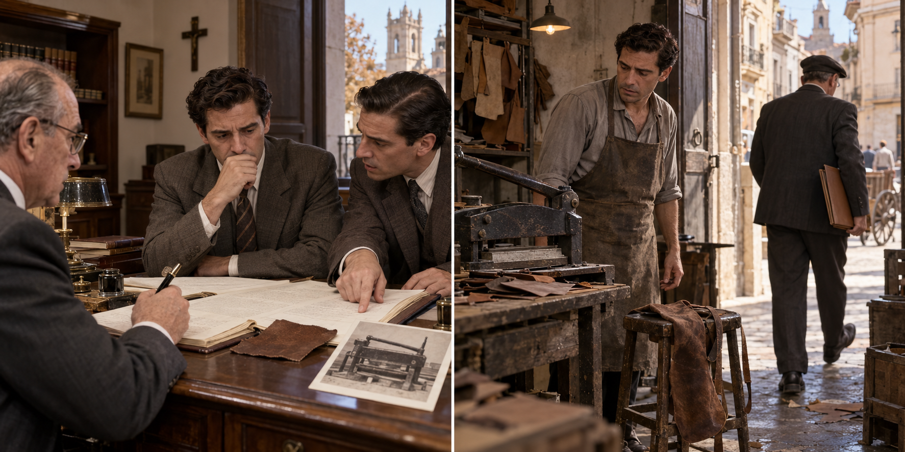 A notary reviews a cutting press valuation with two brothers; in a second scene, a shoemaker stands beside an old press as a man carries a hide away.