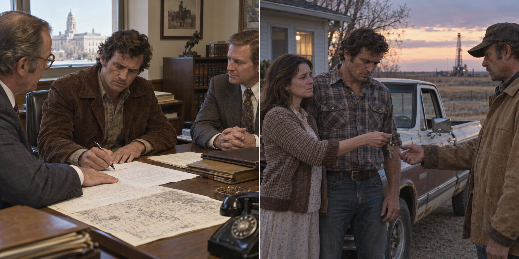 Three men review drilling lease papers at a desk. In a second scene, a couple stands beside a pickup as another man takes its keys.