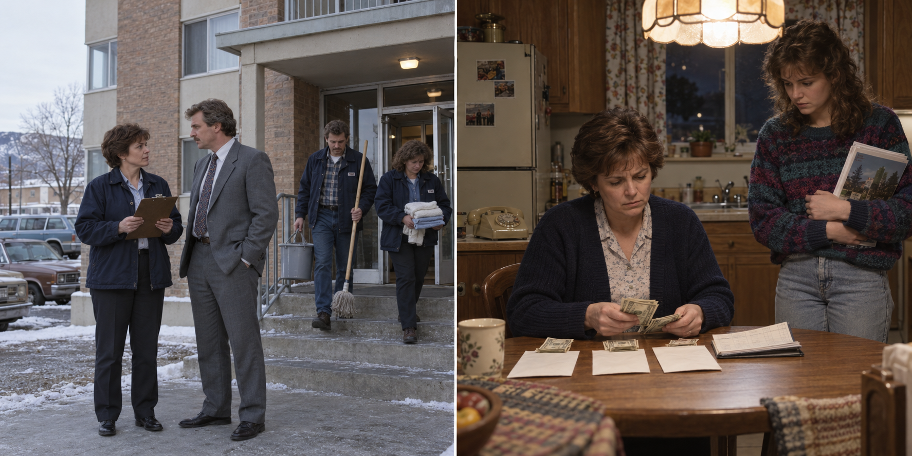 A cleaning contractor and client stand outside an apartment building as two cleaners enter; later, a woman counts bills at a kitchen table beside her daughter.