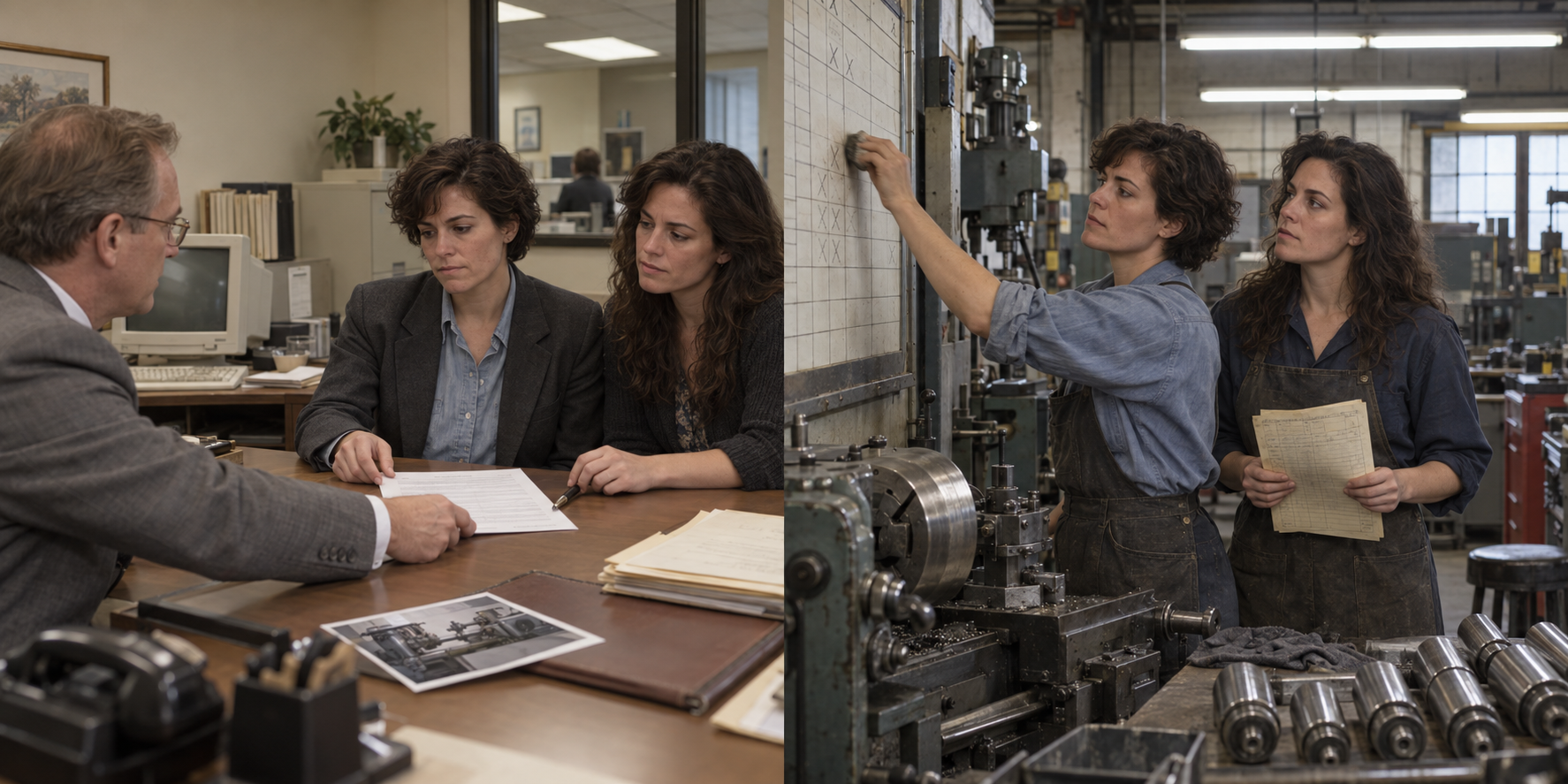 At a bank table, a man and two women review loan paperwork; in a machine shop, a worker writes on a wall chart while another woman watches.