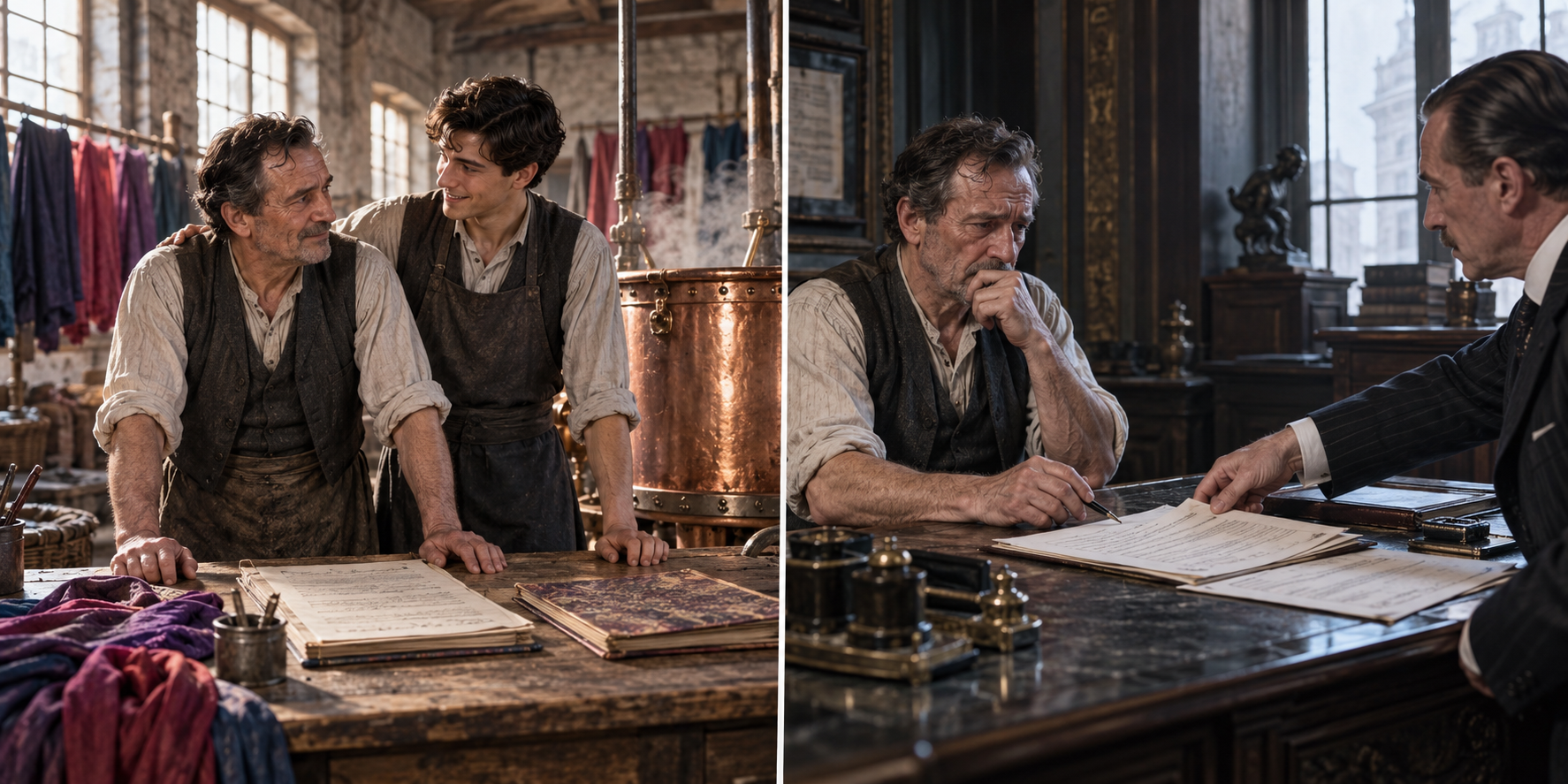 An older dyer and his adult son stand beside silk vats and company papers; later, the dyer studies two bills across a desk from a merchant.