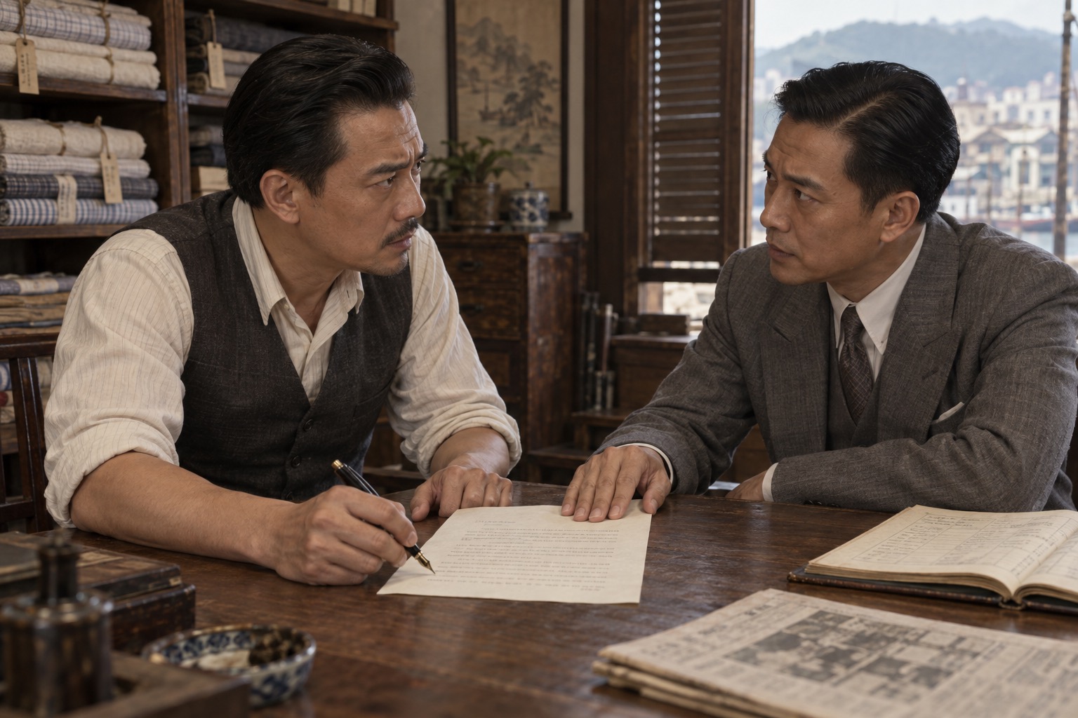 Two men face each other across a wooden desk. One holds a fountain pen above a letter while the other presses his hand onto the sheet. Fabric bundles fill shelves behind them.