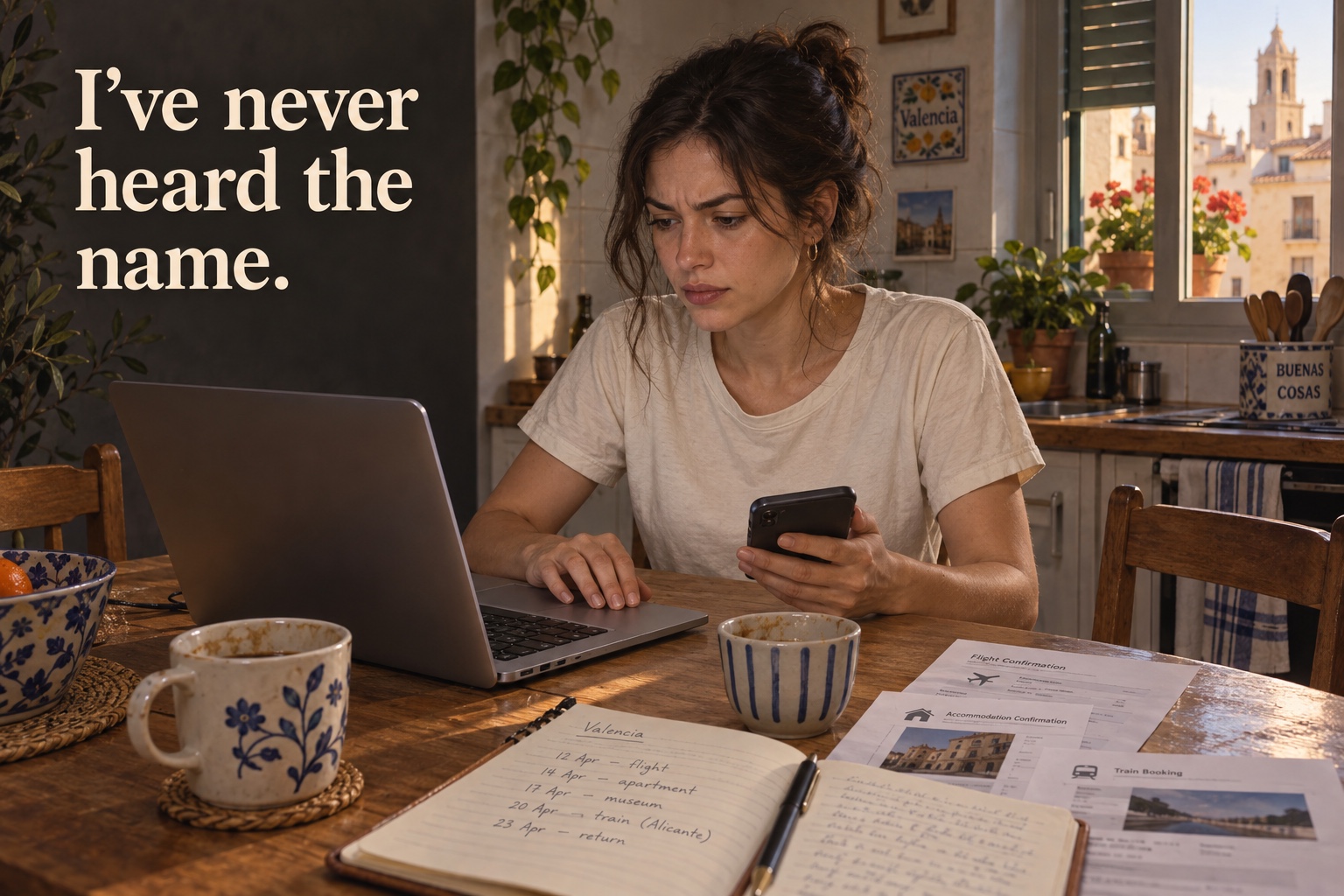 Maya está sentada a la mesa de la cocina con un portátil, un móvil, documentos de viaje y dos tazas de café. El texto de la imagen dice en inglés: «I’ve never heard the name».